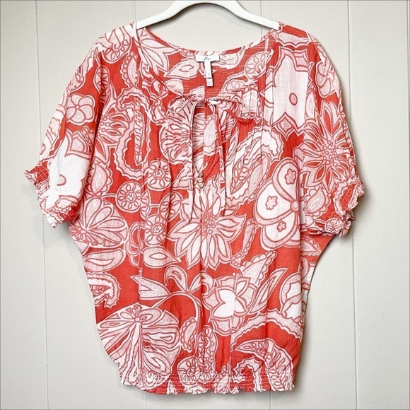 Joie 100% cotton floral top small orange white peasant beachy flowy tie blouse - Picture 10 of 10